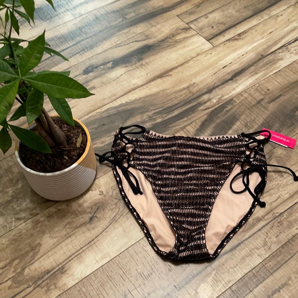 Xhilaration Women’s XL High Waist Black Nude Crochet Tie Swim Bikini Bottom